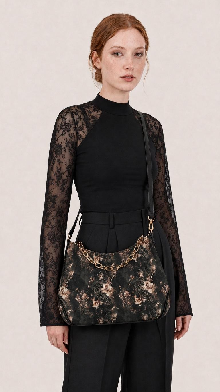 Grunge Goth Lace & Roses Print Shoulder Bag, Vegan Leather Handbag with Chain