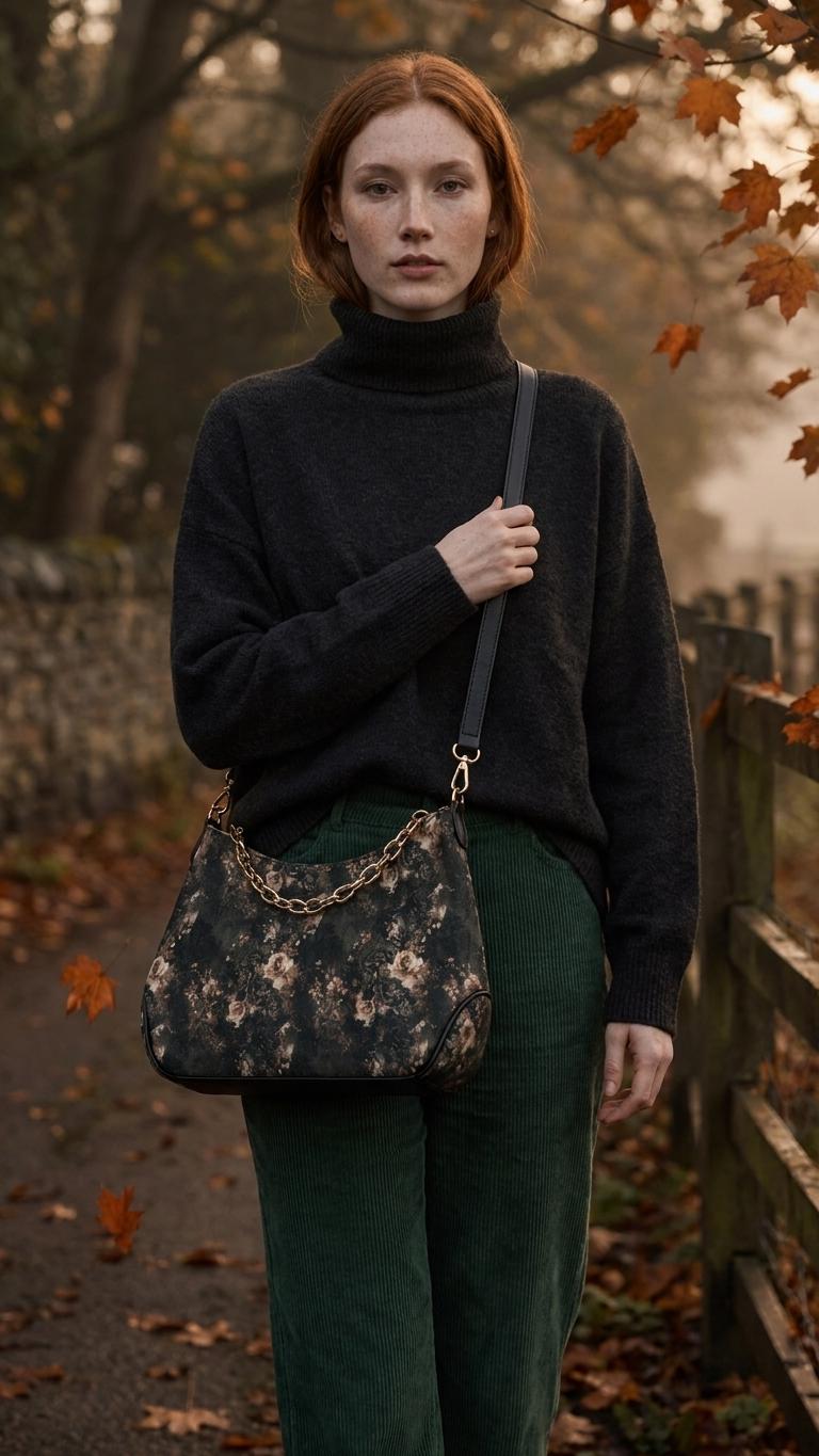Grunge Goth Lace & Roses Print Shoulder Bag, Vegan Leather Handbag with Chain