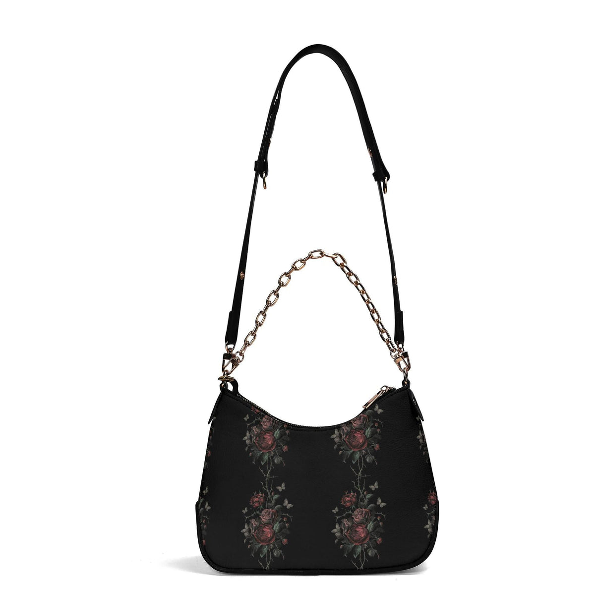 Grunge Goth Rose Vines & Moths Print Shoulder Bag, Vegan Leather Handbag with Chain