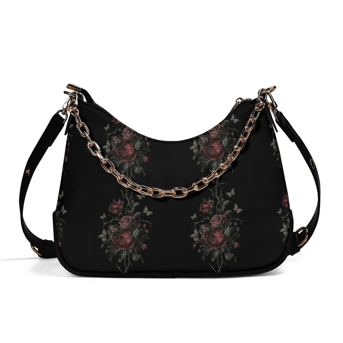 Grunge Goth Rose Vines & Moths Print Shoulder Bag, Vegan Leather Handbag with Chain