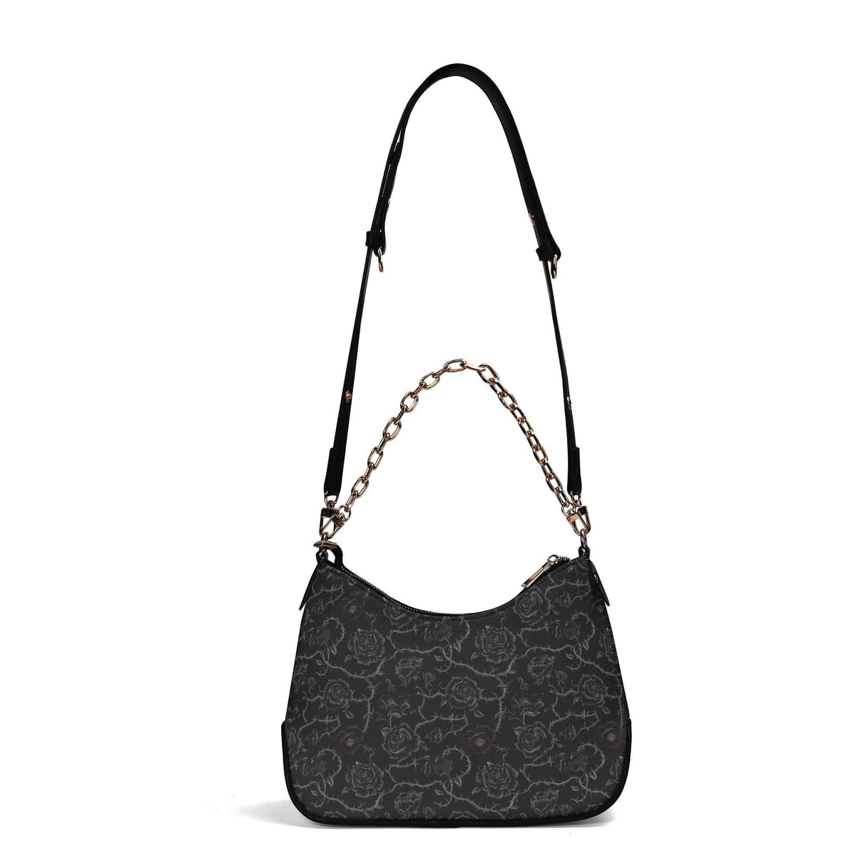 Grunge Goth Roses & Thorns Print Shoulder Bag, Vegan Leather Handbag with Chain