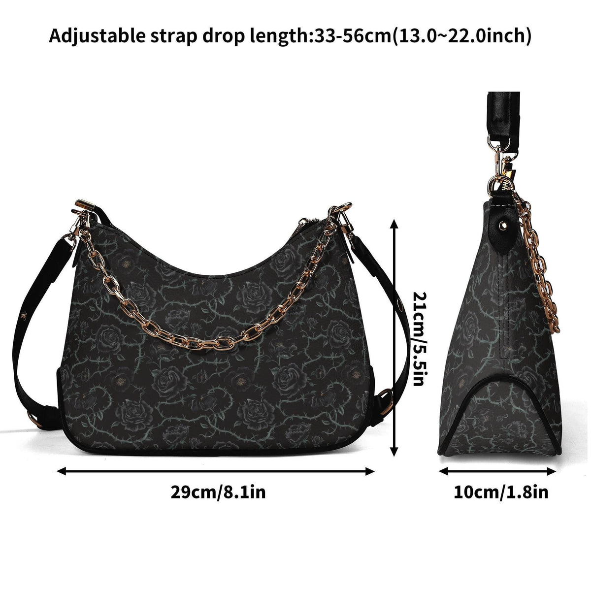 Grunge Goth Roses & Thorns Print Shoulder Bag, Vegan Leather Handbag with Chain