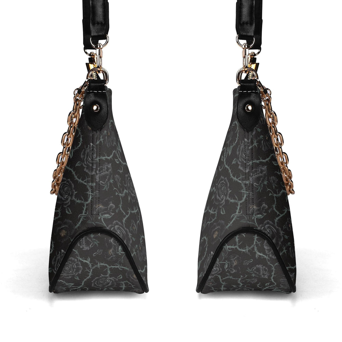 Grunge Goth Roses & Thorns Print Shoulder Bag, Vegan Leather Handbag with Chain