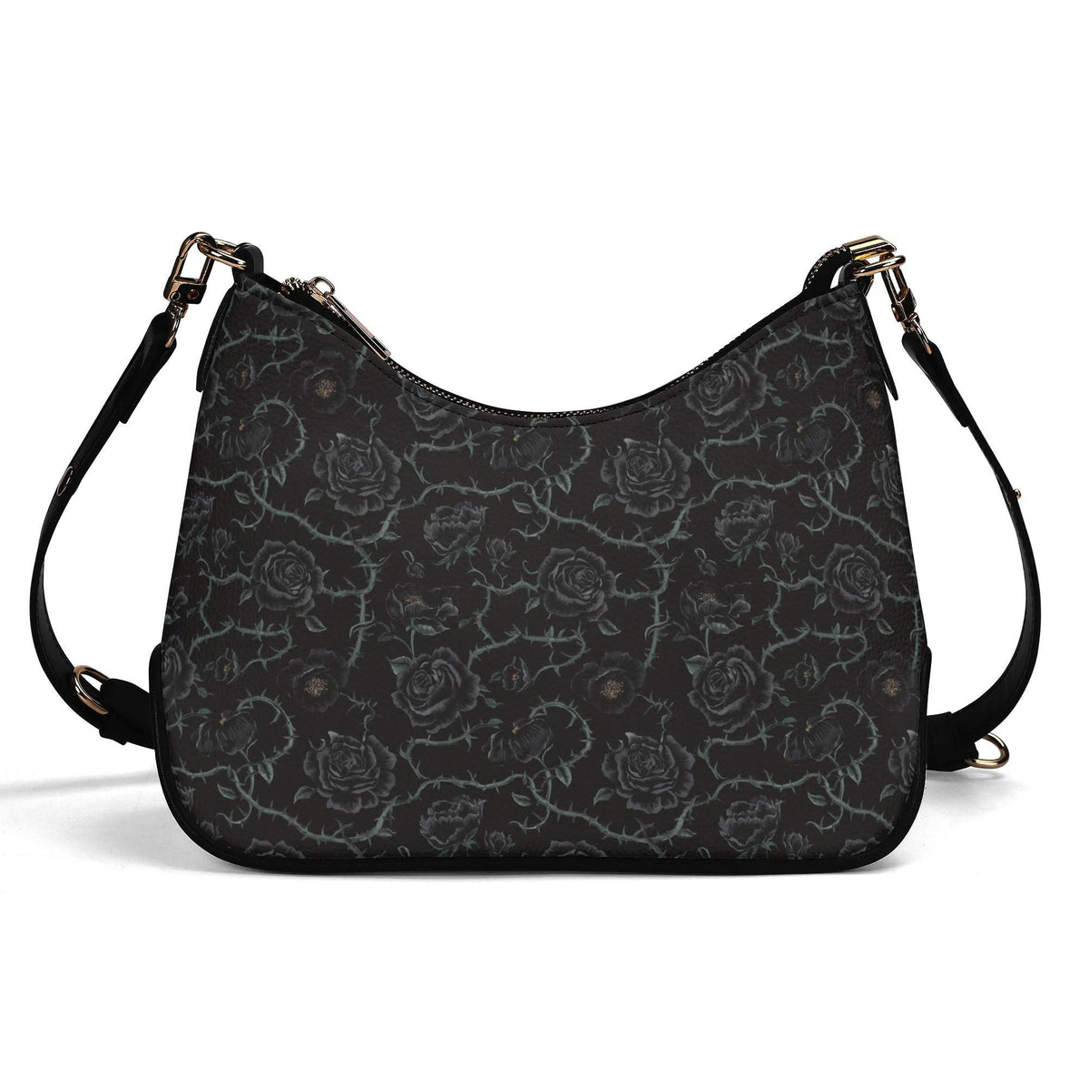 Grunge Goth Roses & Thorns Print Shoulder Bag, Vegan Leather Handbag with Chain