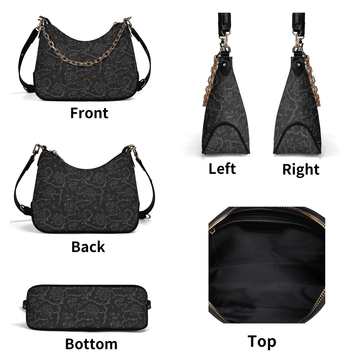 Grunge Goth Roses & Thorns Print Shoulder Bag, Vegan Leather Handbag with Chain