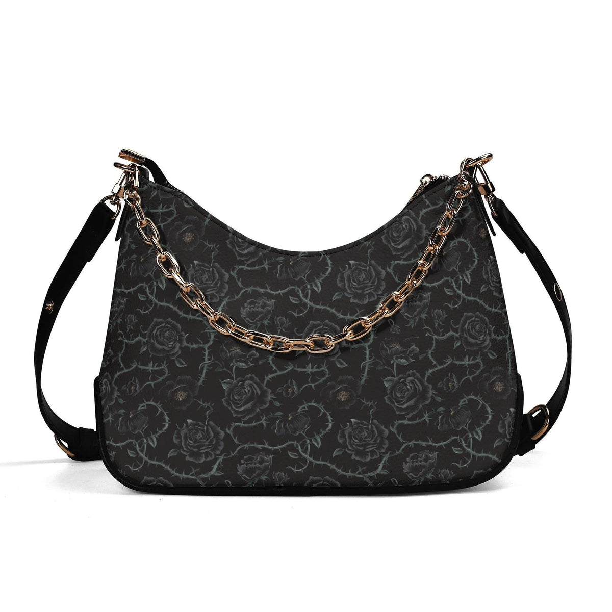 Grunge Goth Roses & Thorns Print Shoulder Bag, Vegan Leather Handbag with Chain
