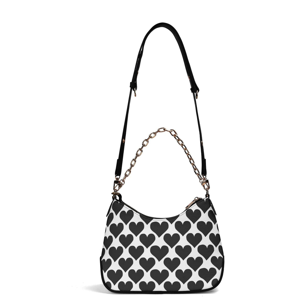 Retro Printed Shoulder Bag, Black Hearts Houndstooth Vegan Leather Handbag with Chain