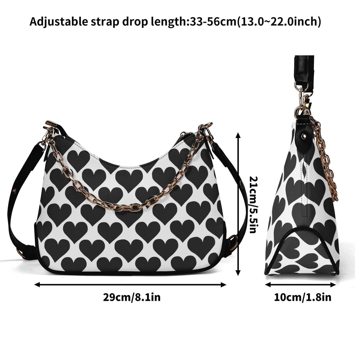 Retro Printed Shoulder Bag, Black Hearts Houndstooth Vegan Leather Handbag with Chain