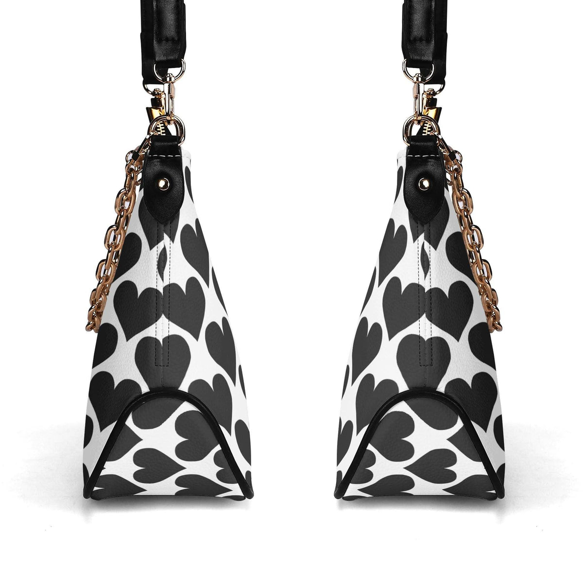 Retro Printed Shoulder Bag, Black Hearts Houndstooth Vegan Leather Handbag with Chain