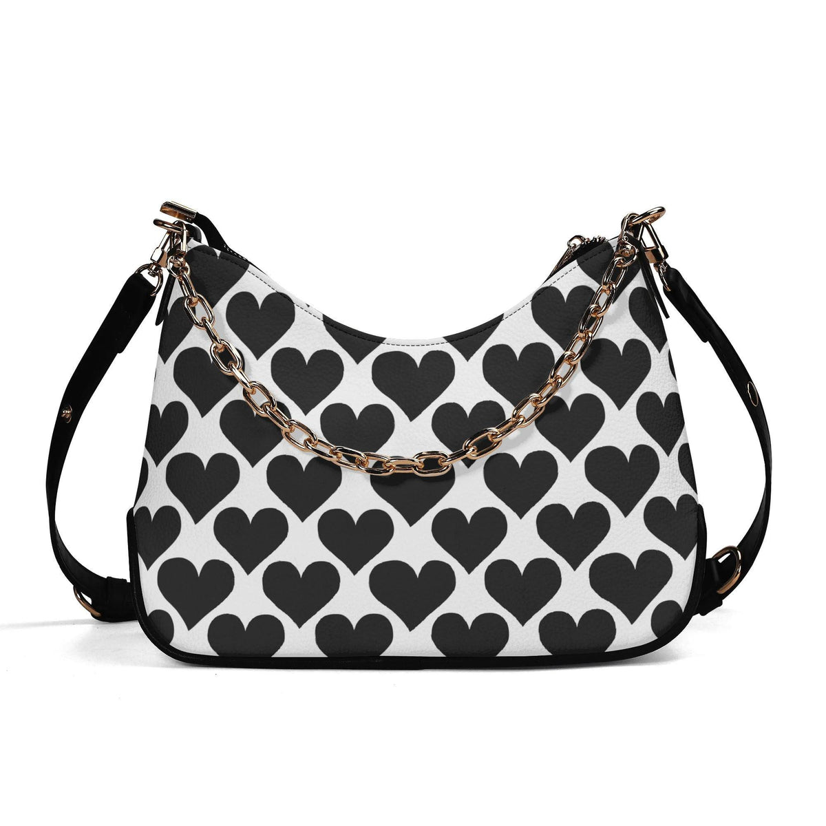 Retro Printed Shoulder Bag, Black Hearts Houndstooth Vegan Leather Handbag with Chain
