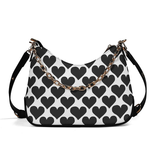 Retro Printed Shoulder Bag, Black Hearts Houndstooth Vegan Leather Handbag with Chain