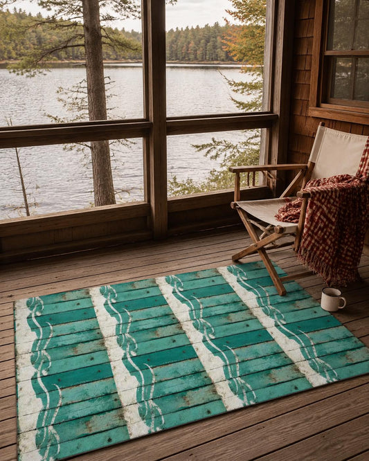 Teal Coastal Beach Hut Swimming Pool Rug | Beachy Nautical Floor Mat (36 x 60 in)