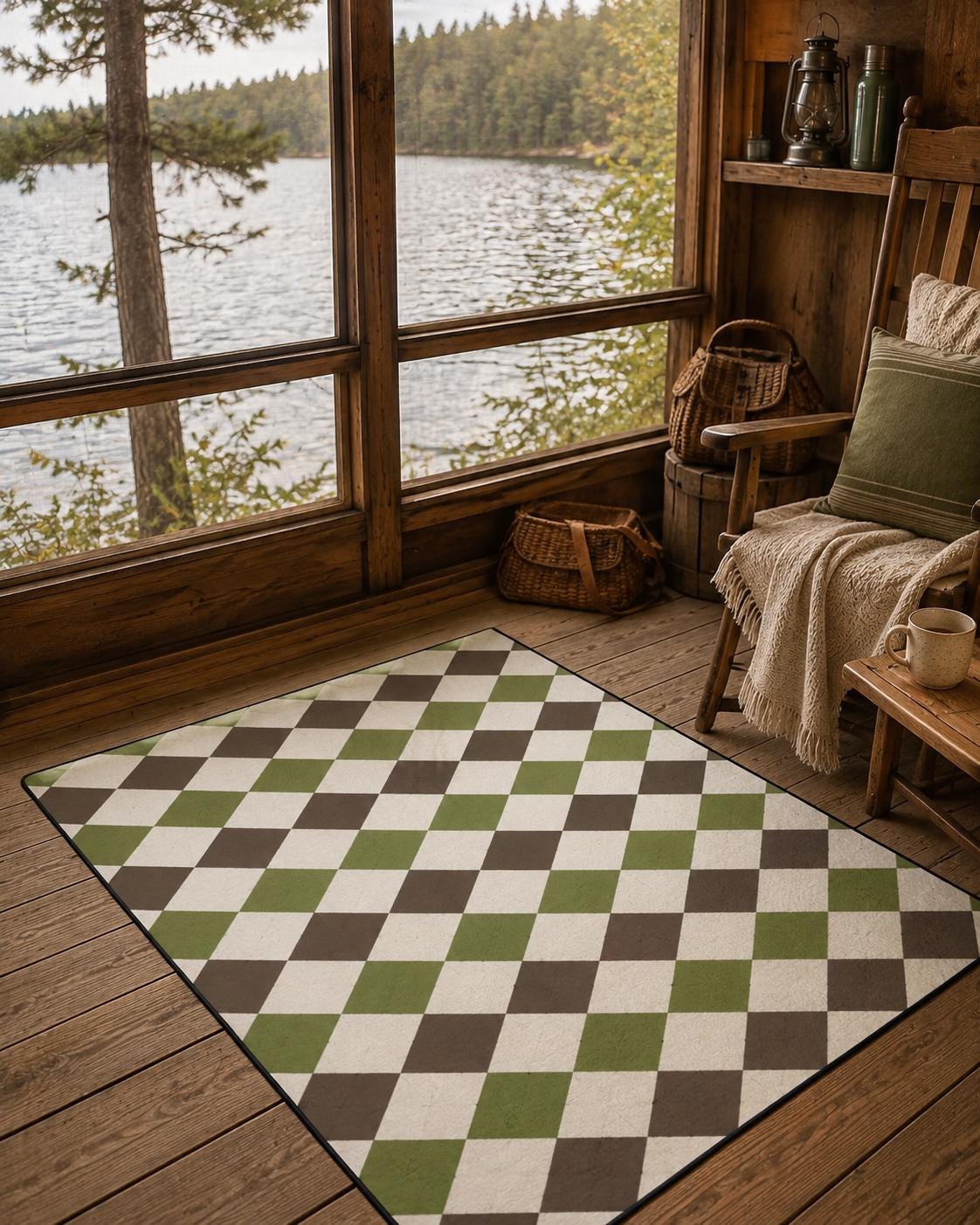 Olive Green Argyle Area Rug | Retro Harlequin Lake House Floor Mat (36 x 60 in)