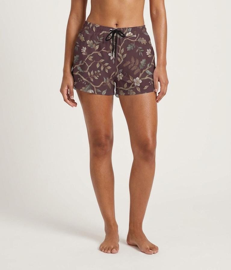 Lightweight Women’s Swim Board Shorts, Drawstring Beach-Shorts with Pockets | Brown Vintage Florals - Shorts Only