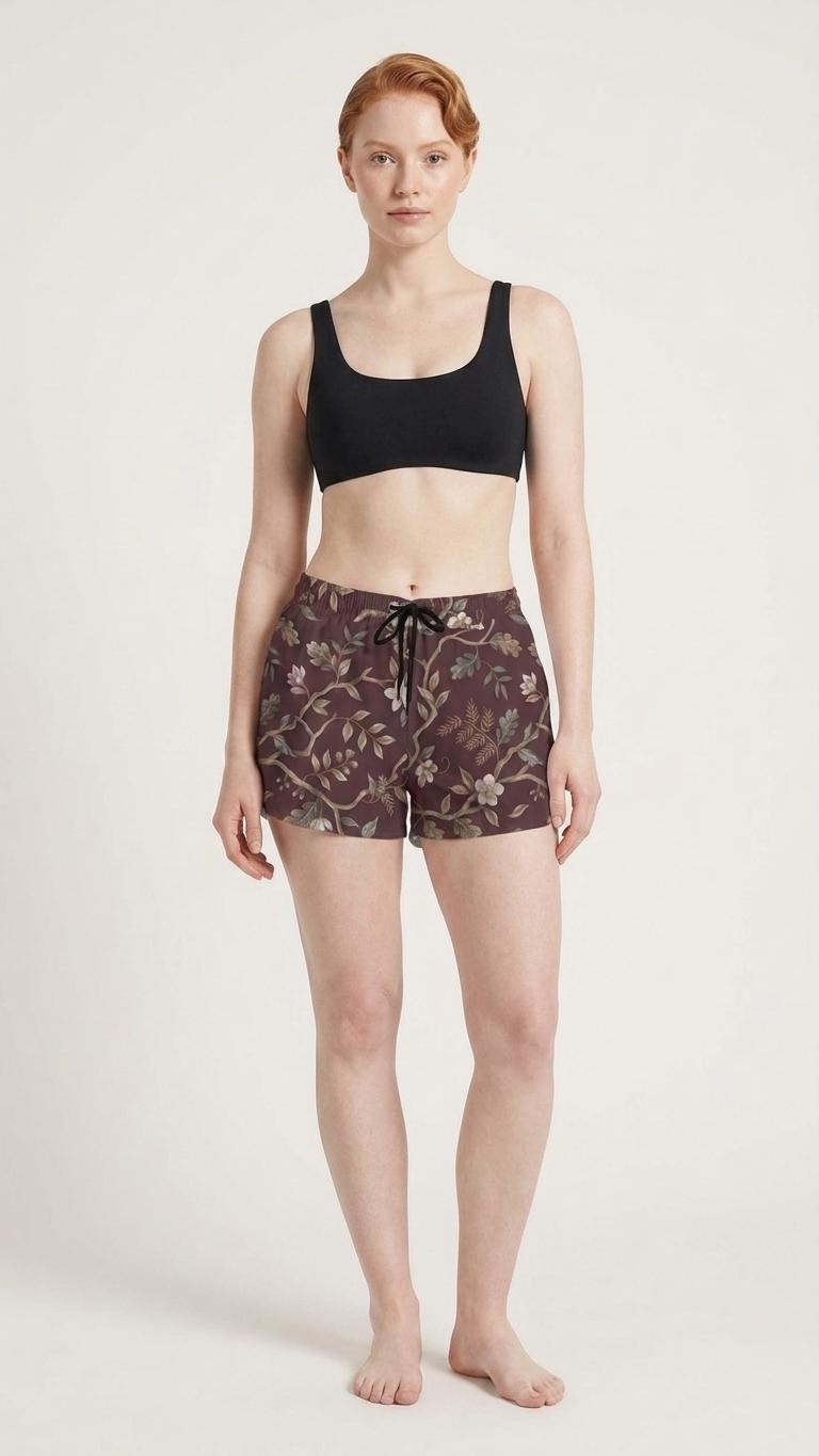 Lightweight Women’s Swim Board Shorts, Drawstring Beach-Shorts with Pockets | Brown Vintage Florals - Shorts Only