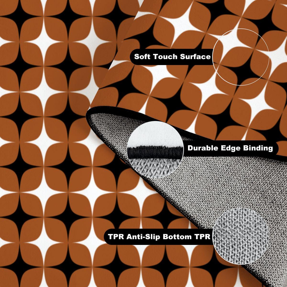 Burnt Orange Mid-Century Modern Rug | Retro Geometric Cabin Floor-Mat, Black & Cream 70s Decor