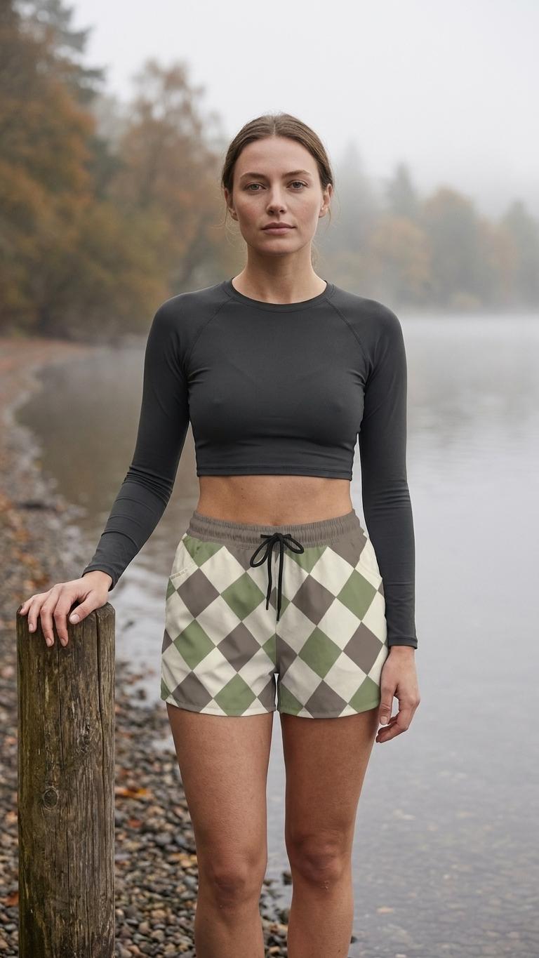 Lightweight Women’s Swim Board Shorts, Drawstring Beach-Shorts with Pockets | Retro Harlequin - Shorts Only