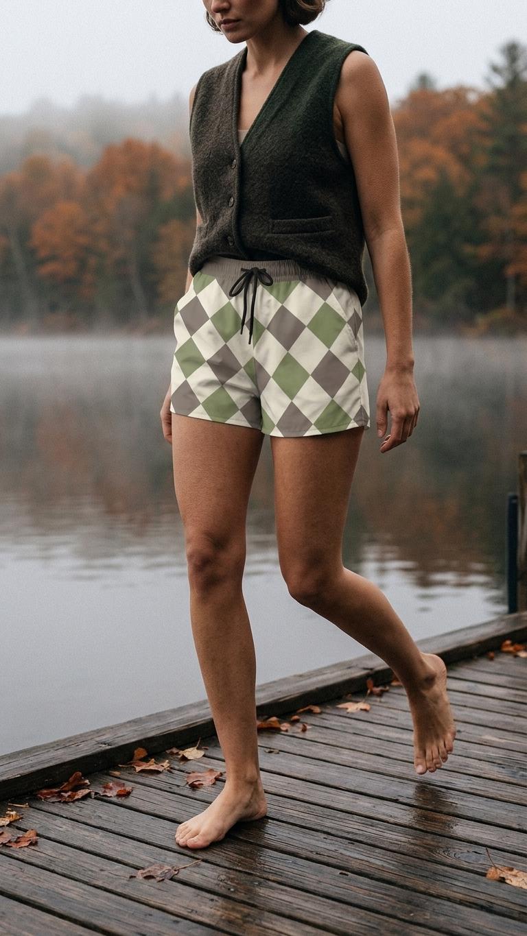Lightweight Women’s Swim Board Shorts, Drawstring Beach-Shorts with Pockets | Retro Harlequin - Shorts Only