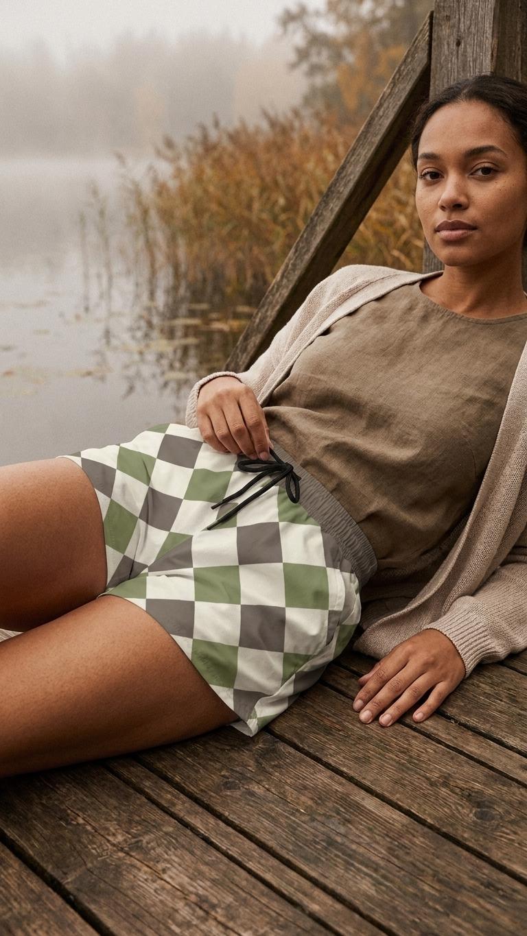 Lightweight Women’s Swim Board Shorts, Drawstring Beach-Shorts with Pockets | Retro Harlequin - Shorts Only