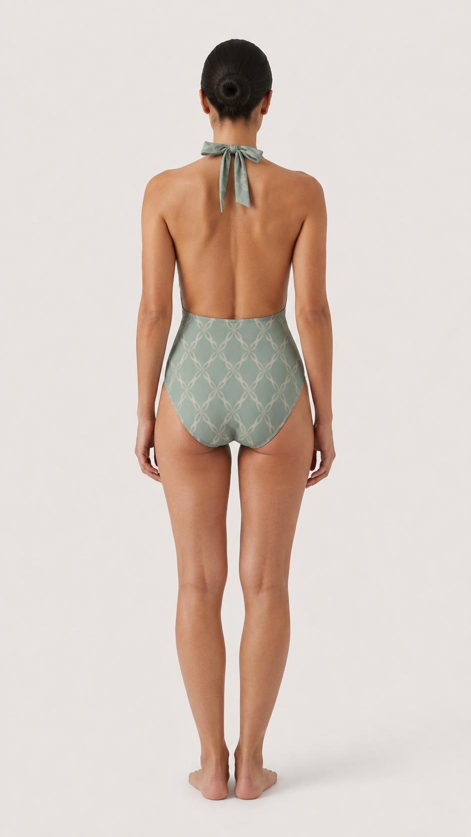 Retro Monroe Dusty Blue Trellis Mid-Century Halter Plunge One Piece Swimsuit