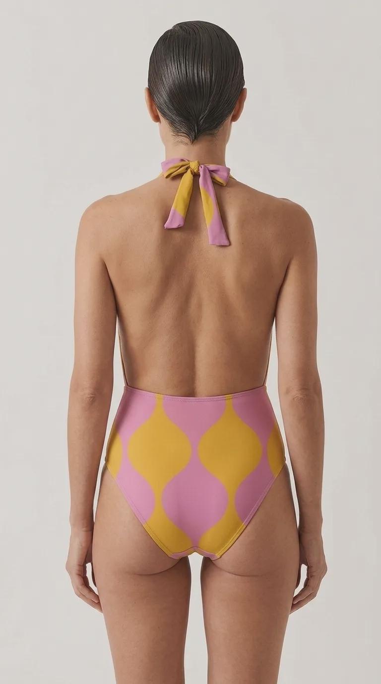 Retro Monroe Bold Mauve & Yellow Mod-Style Mid-Century Halter Plunge One-Piece Swimsuit