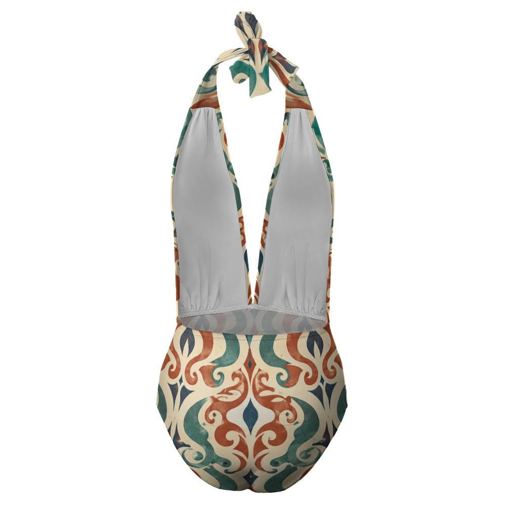 Retro Monroe Teal & Terracotta Sun-Faded Mediterranean Damask, Mid-Century Halter Plunge One-Piece Swimsuit