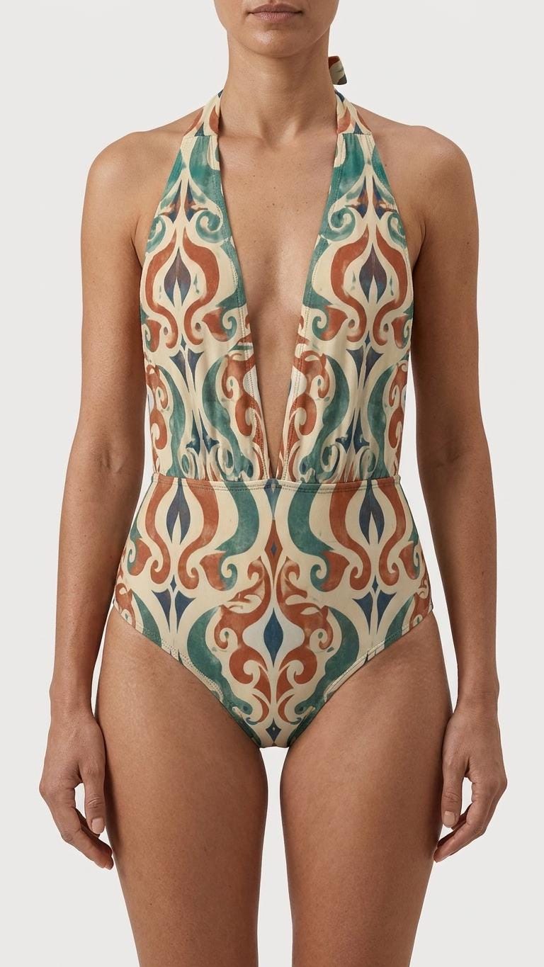 Retro Monroe Teal & Terracotta Sun-Faded Mediterranean Damask, Mid-Century Halter Plunge One-Piece Swimsuit