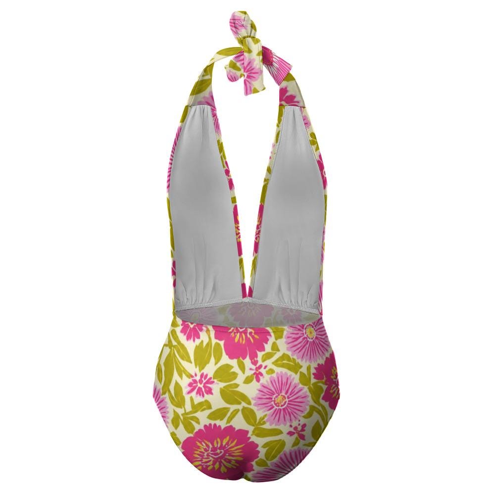 Retro Monroe Bold Vintage Lime & Pink Florals Halter Plunge One-Piece Swimsuit