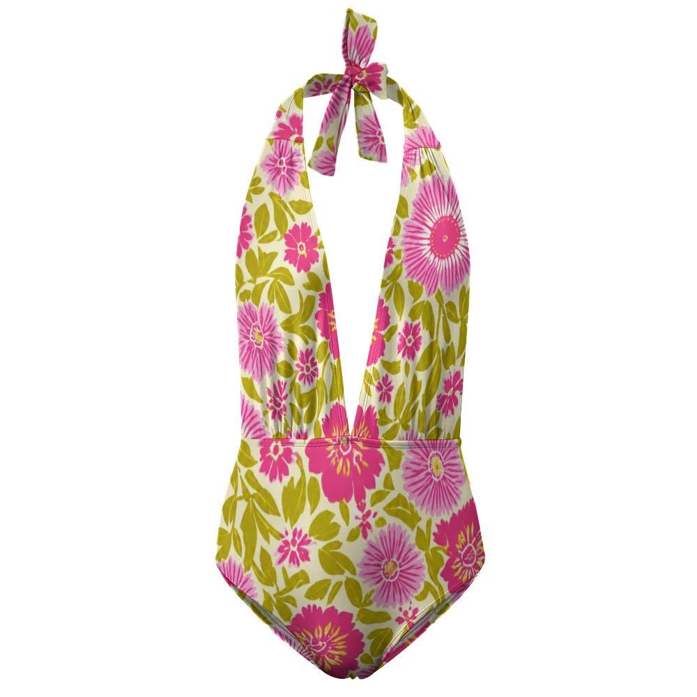 Retro Monroe Bold Vintage Lime & Pink Florals Halter Plunge One-Piece Swimsuit
