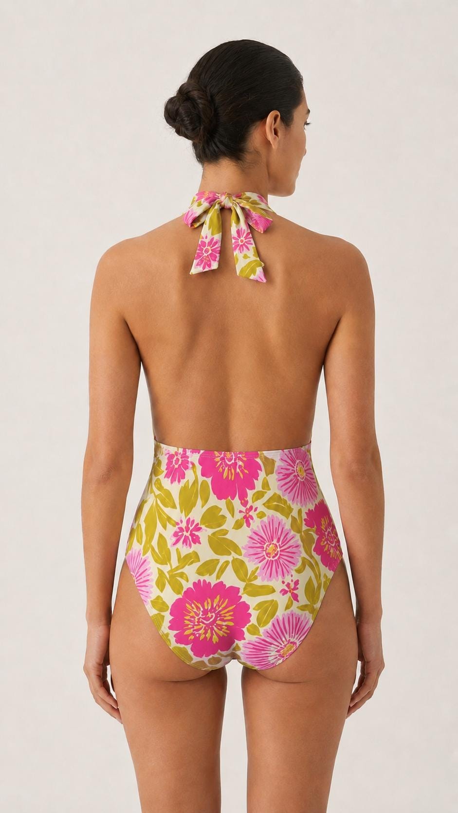 Retro Monroe Bold Vintage Lime & Pink Florals Halter Plunge One-Piece Swimsuit
