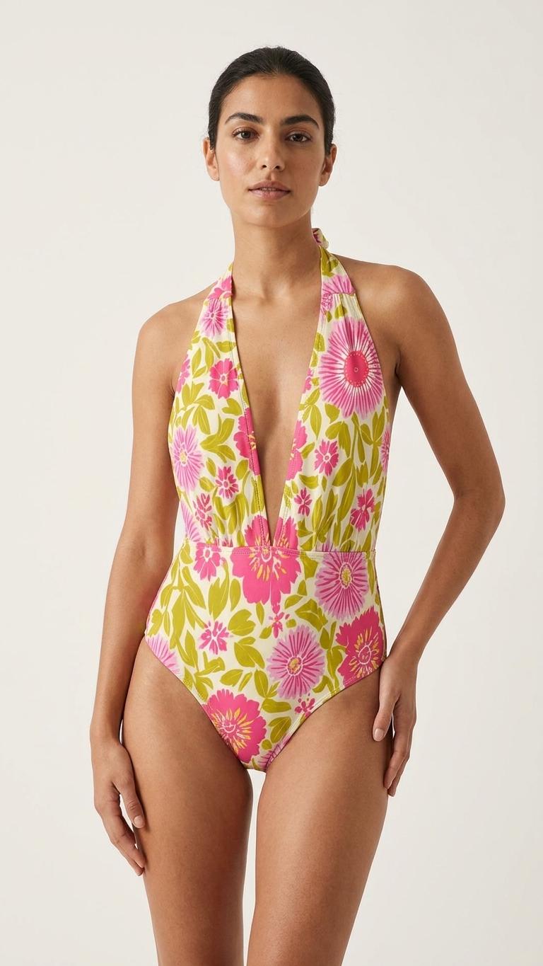 Retro Monroe Bold Vintage Lime & Pink Florals Halter Plunge One-Piece Swimsuit