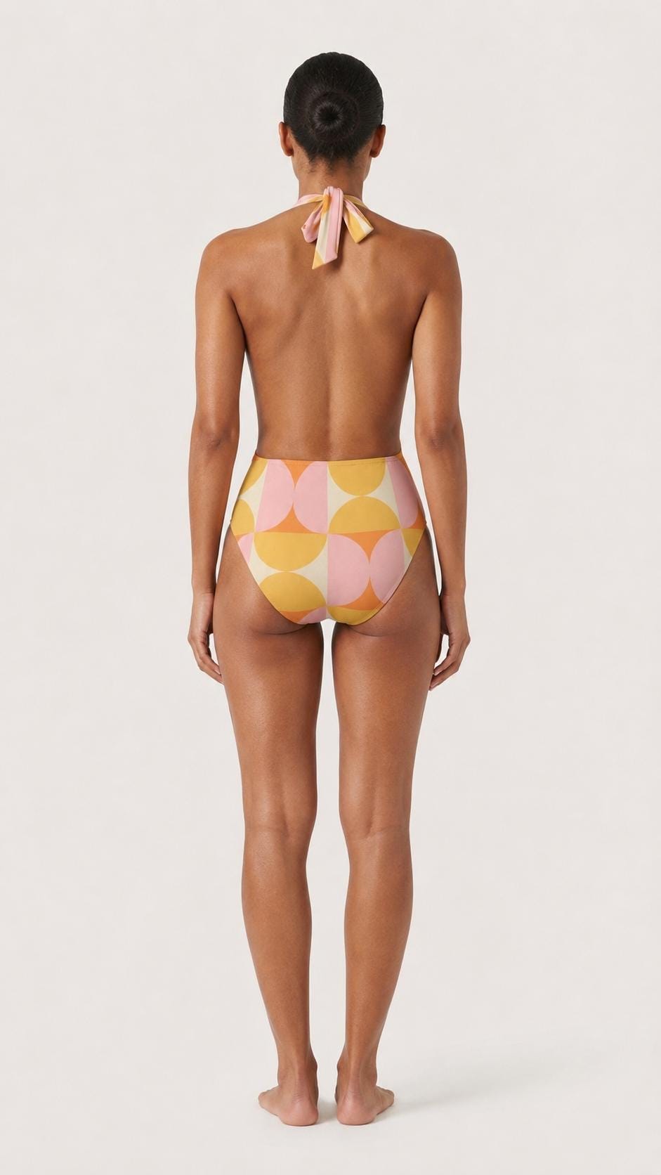 Retro Monroe Bold Sunset Mod-Style Mid-Century Halter Plunge One-Piece Swimsuit