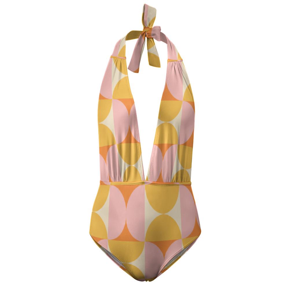 Retro Monroe Bold Sunset Mod-Style Mid-Century Halter Plunge One-Piece Swimsuit