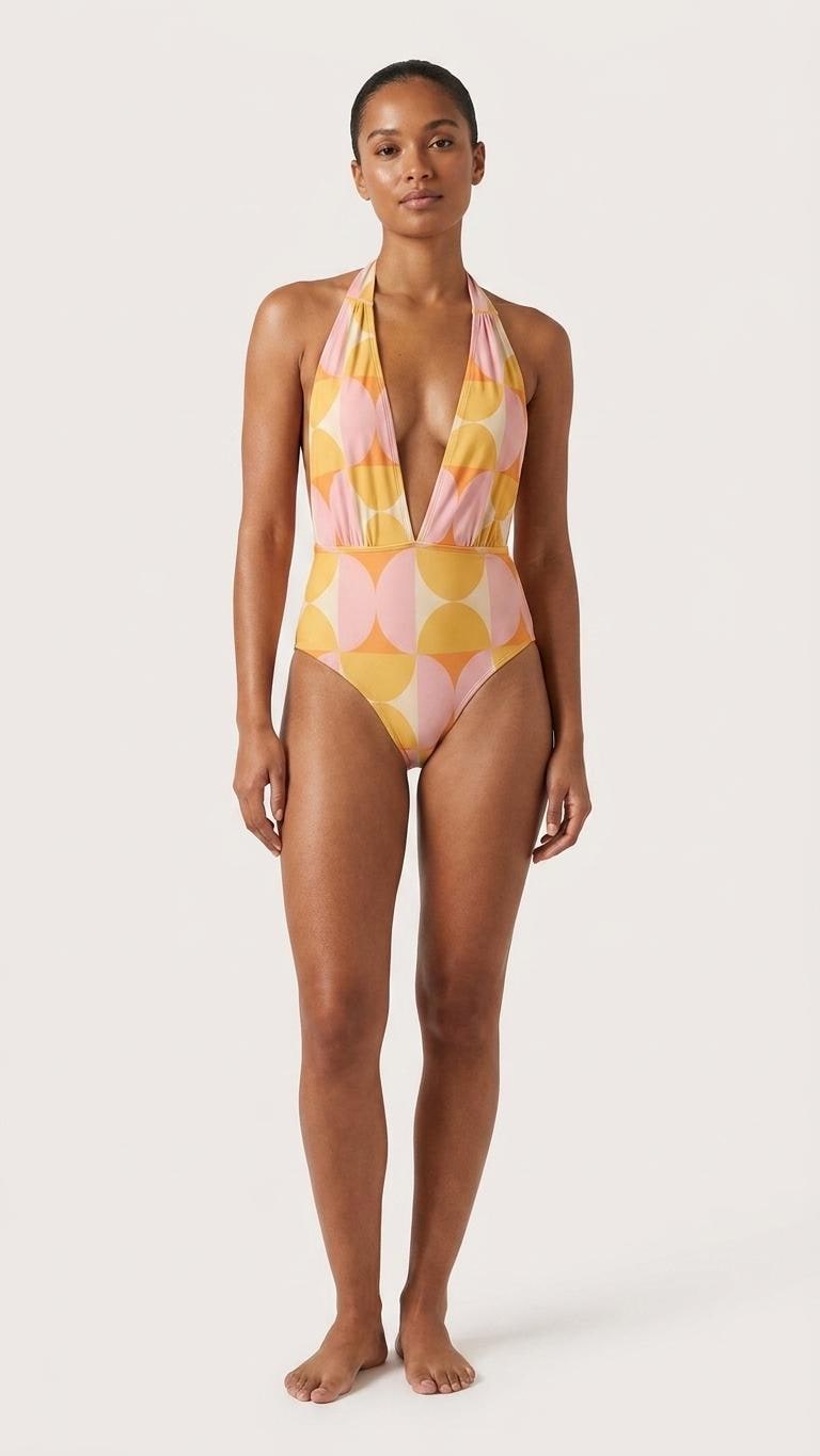 Retro Monroe Bold Sunset Mod-Style Mid-Century Halter Plunge One-Piece Swimsuit