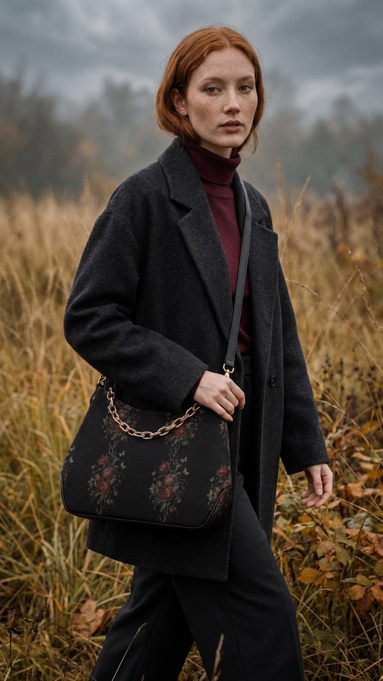 Grunge Goth Rose Vines & Moths Print Shoulder Bag, Vegan Leather Handbag with Chain
