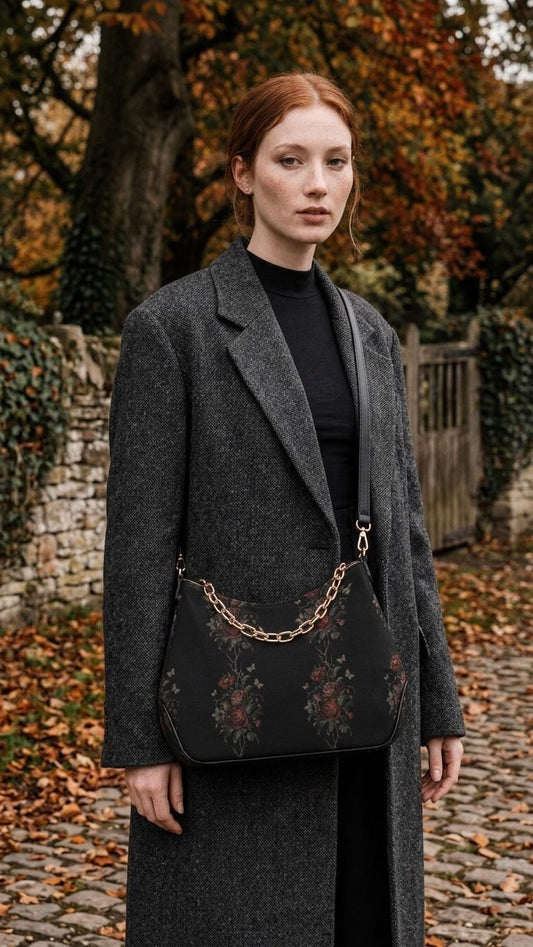 Grunge Goth Rose Vines & Moths Print Shoulder Bag, Vegan Leather Handbag with Chain