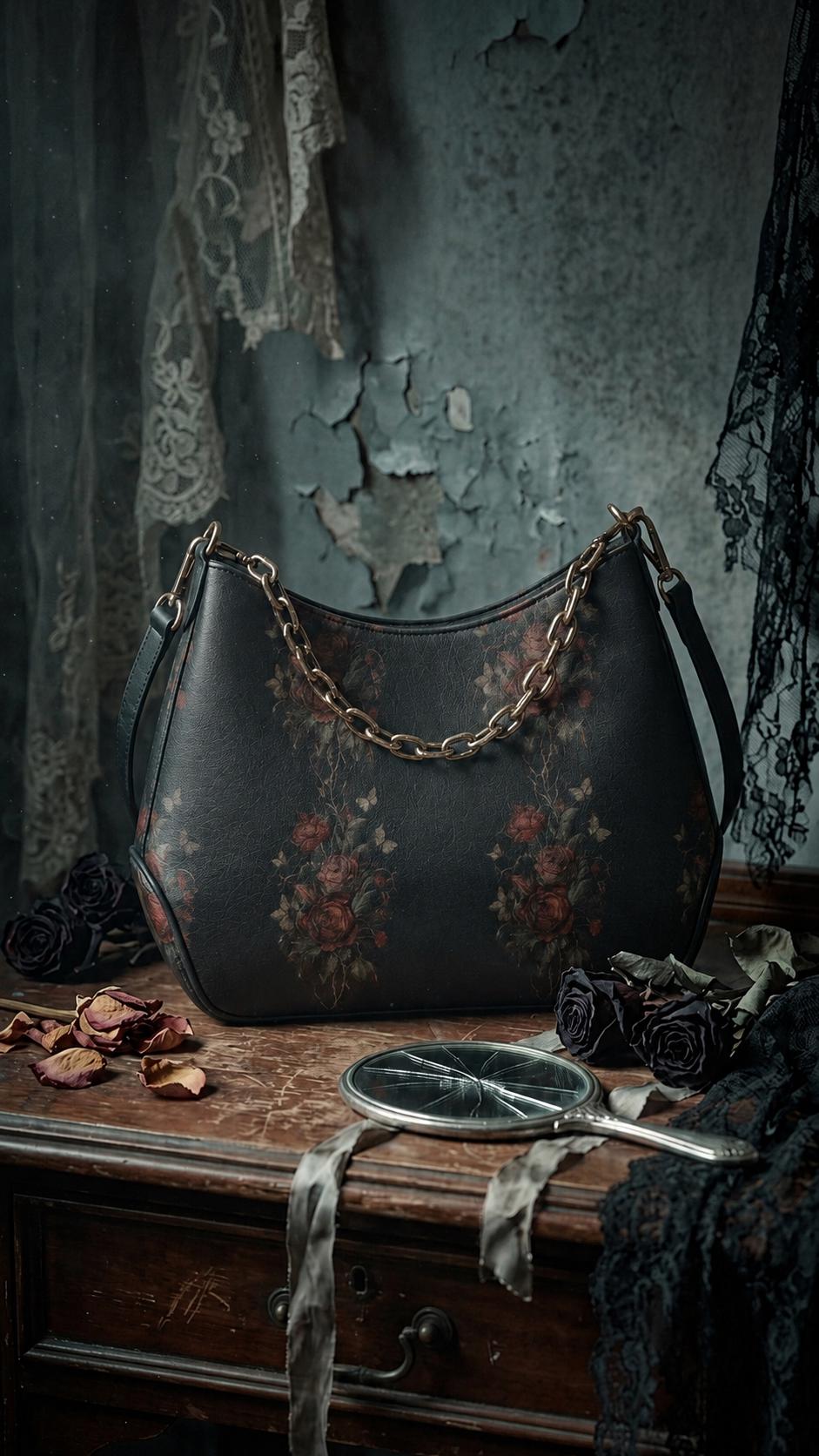 Grunge Goth Rose Vines & Moths Print Shoulder Bag, Vegan Leather Handbag with Chain