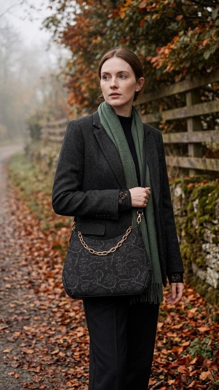 Grunge Goth Roses & Thorns Print Shoulder Bag, Vegan Leather Handbag with Chain