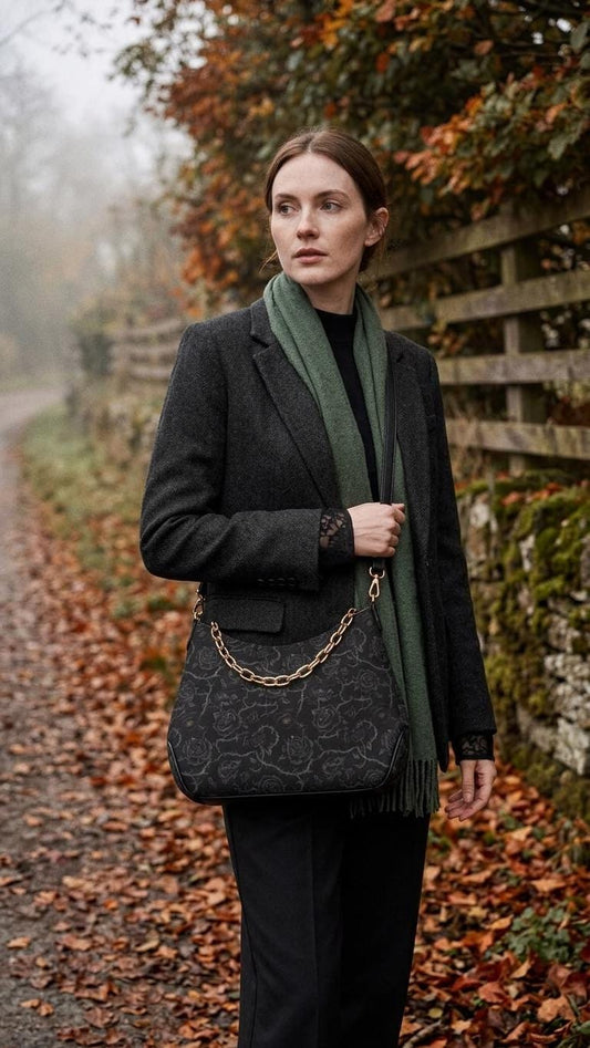 Grunge Goth Roses & Thorns Print Shoulder Bag, Vegan Leather Handbag with Chain