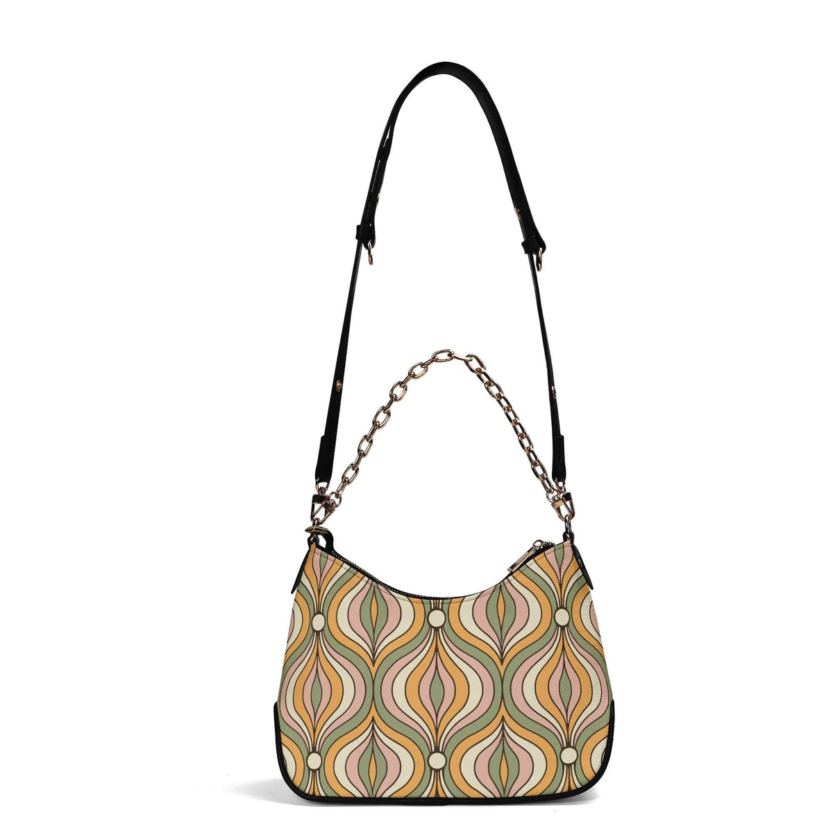 Retro Mid-Century Printed Shoulder Bag, Groovy Boho Vegan Leather Handbag with Chain