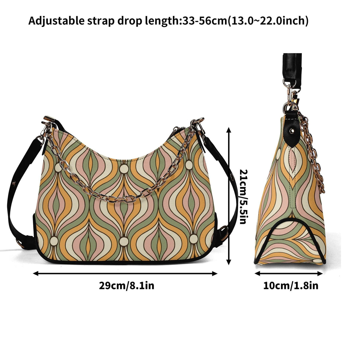 Retro Mid-Century Printed Shoulder Bag, Groovy Boho Vegan Leather Handbag with Chain