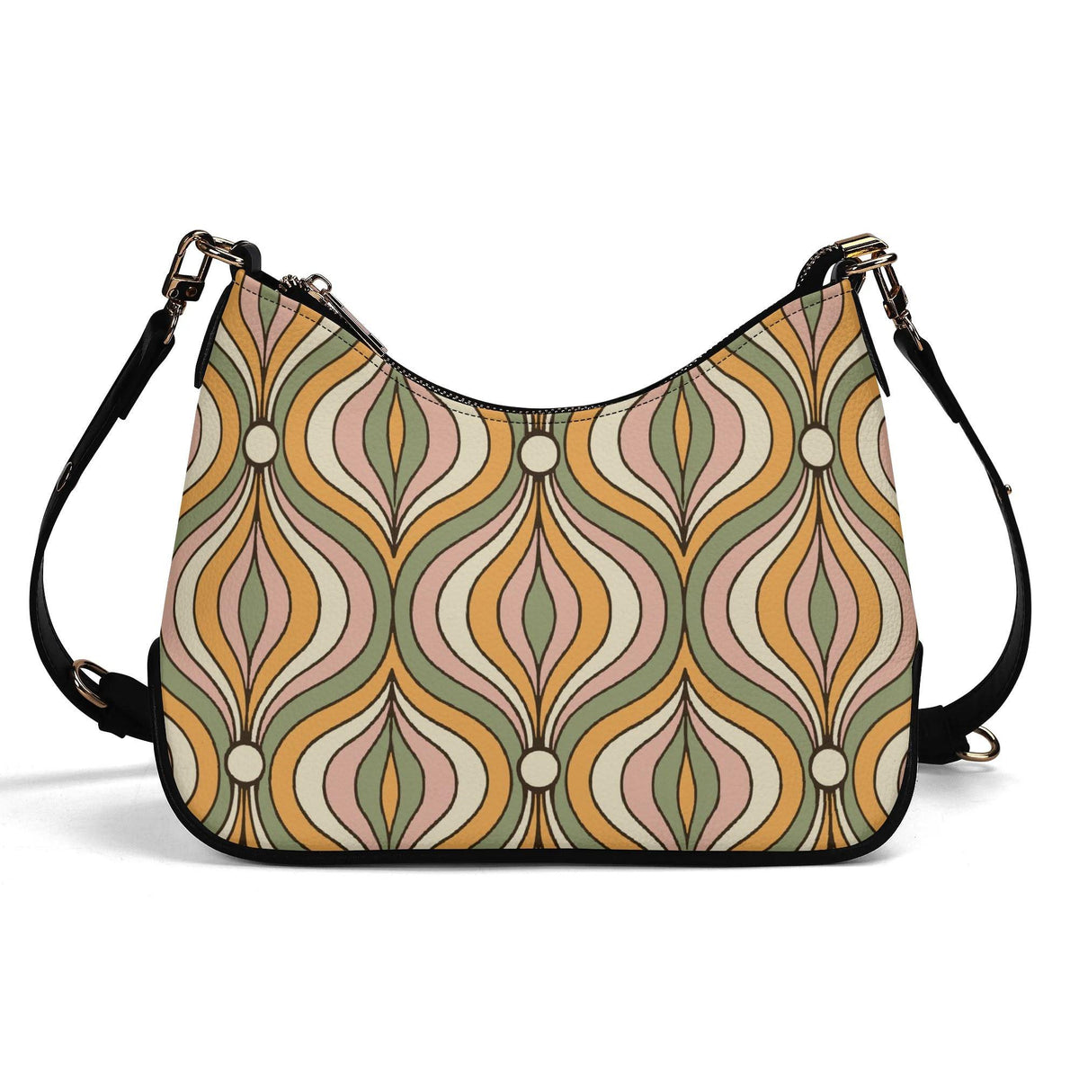 Retro Mid-Century Printed Shoulder Bag, Groovy Boho Vegan Leather Handbag with Chain