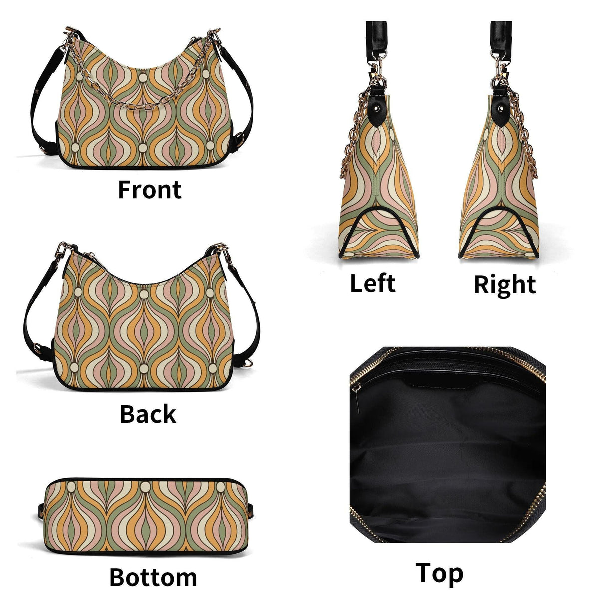 Retro Mid-Century Printed Shoulder Bag, Groovy Boho Vegan Leather Handbag with Chain