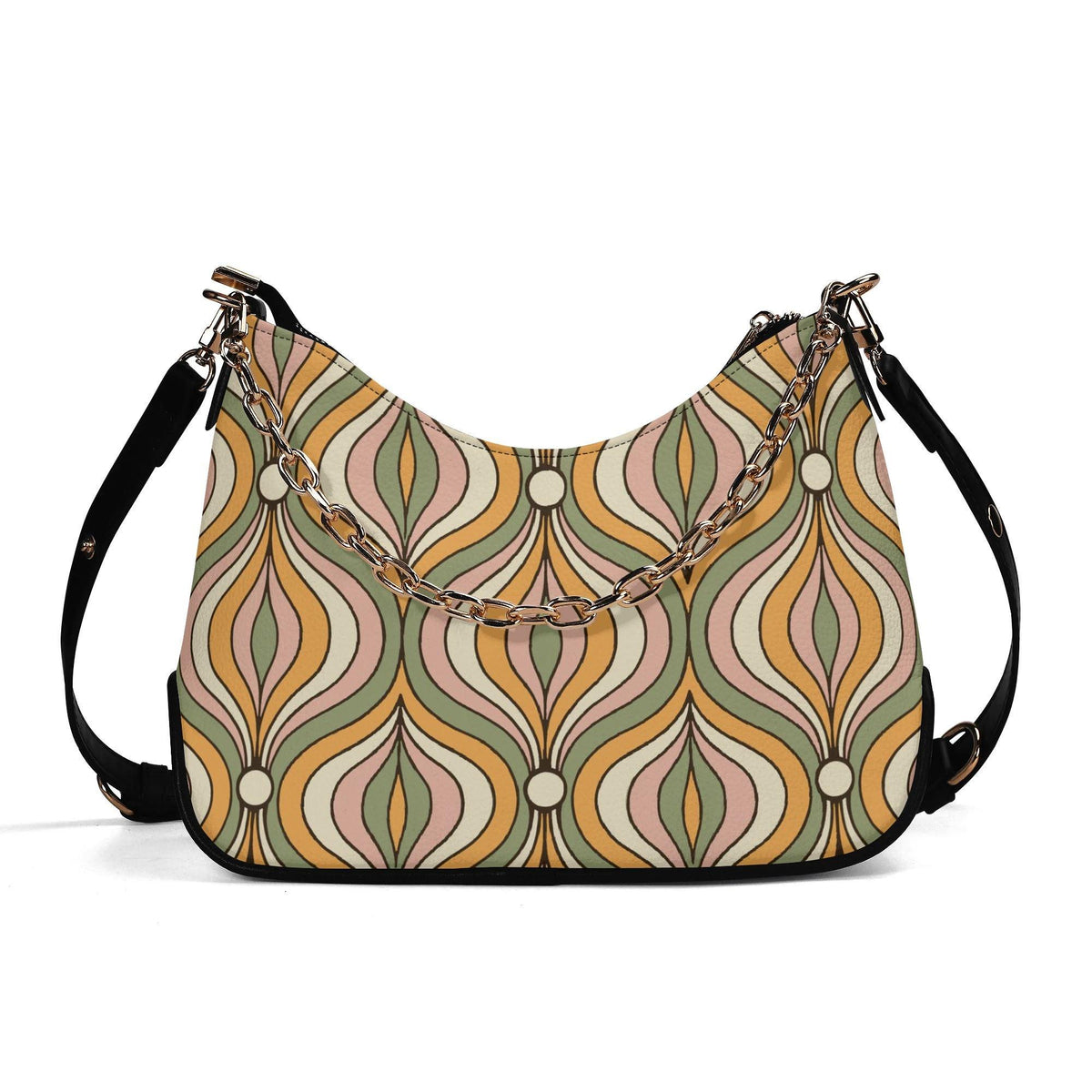 Retro Mid-Century Printed Shoulder Bag, Groovy Boho Vegan Leather Handbag with Chain