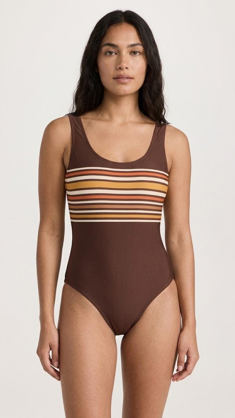 Classic Retro Striped One-Piece Swimsuit | Surf Swimwear | High-Leg | 1970s Brown