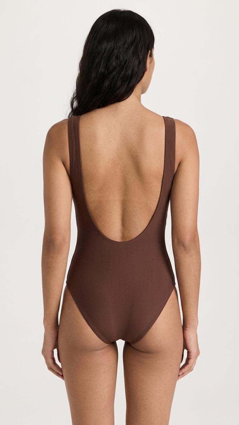 Classic Retro Striped One-Piece Swimsuit | Surf Swimwear | High-Leg | 1970s Brown