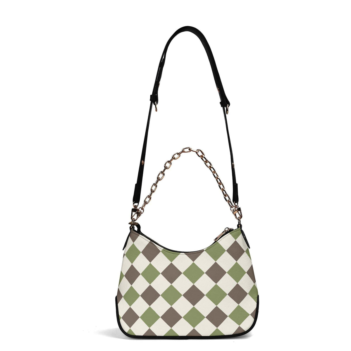 Retro Argyle Printed Shoulder Bag, Groovy Boho Vegan Leather Handbag with Chain