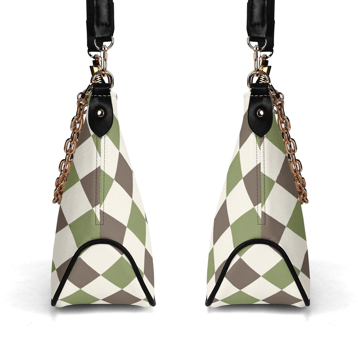 Retro Argyle Printed Shoulder Bag, Groovy Boho Vegan Leather Handbag with Chain
