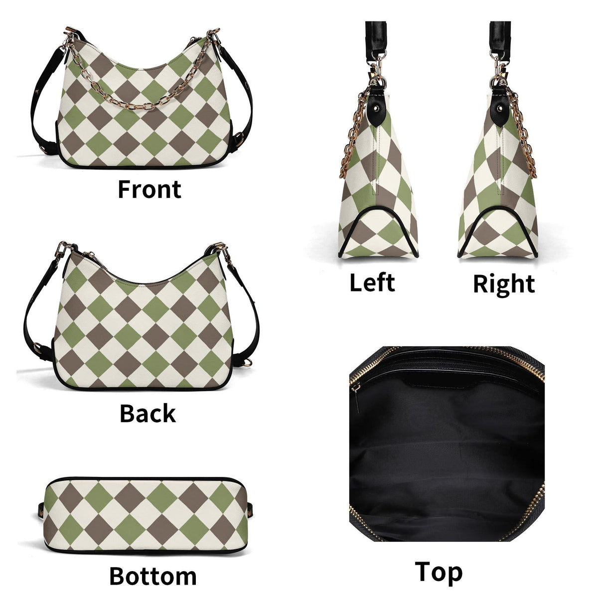 Retro Argyle Printed Shoulder Bag, Groovy Boho Vegan Leather Handbag with Chain