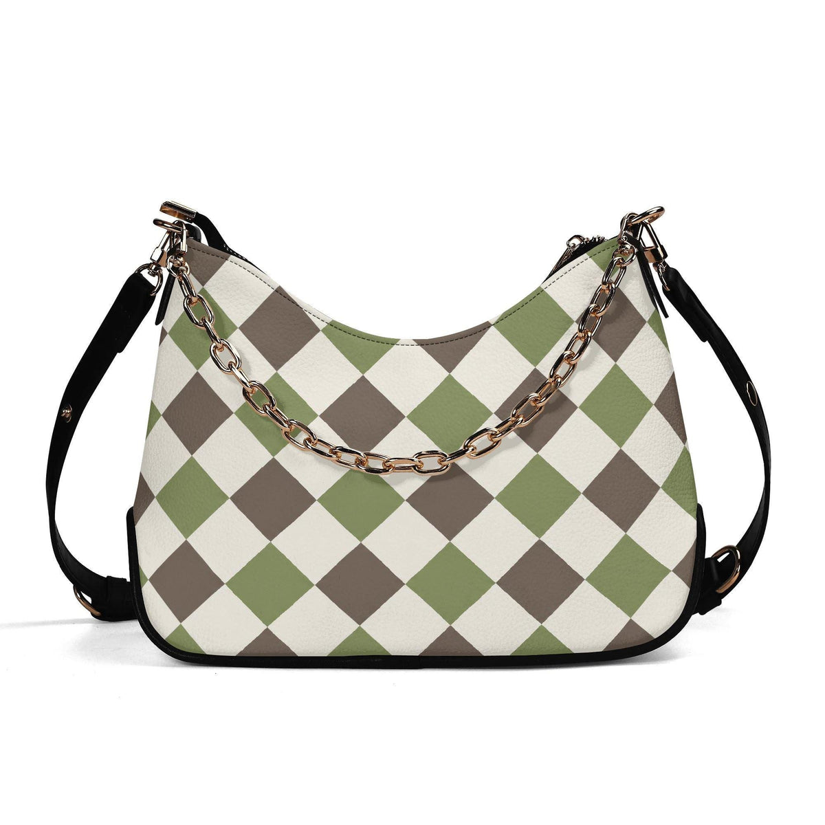 Retro Argyle Printed Shoulder Bag, Groovy Boho Vegan Leather Handbag with Chain
